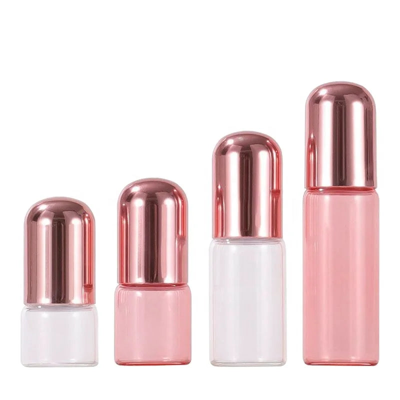 1ml 2ml 3ml 5ml Pink Glass Essential Oil Rose Gold Roller Ball Perfume Bottle with Rose Gold Dome Cap