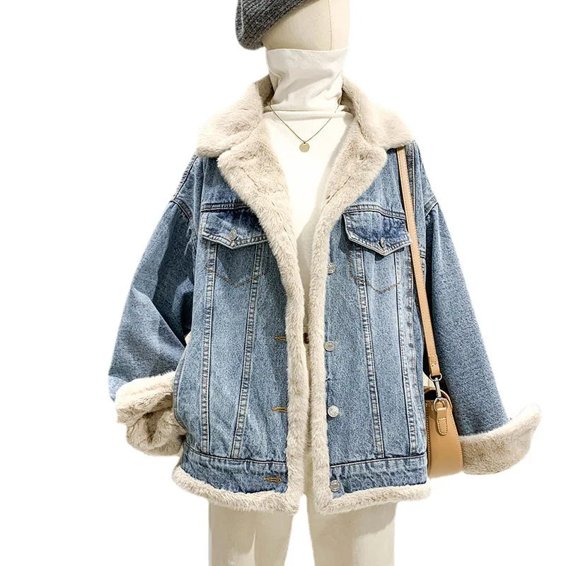 Women's Winter Parka Jacket Plaid Pattern Short Style Denim Jean Coat Featuring Fashionable Fake Fur Hood for Winter Weather