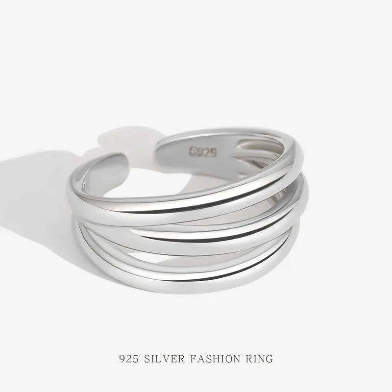 Chunky Thick S925 Sterling Silver Three Layer Adjustable Opening Silver & Rhodium Plated Women's Wedding Party Ring