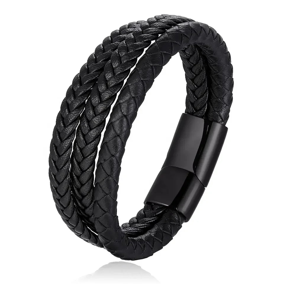 Custom Men Black Trendy Magnetic Leather Bracelet for Metal Wrap Stainless Steel Making Clasps Leather Wide Mens Bangles OT-032
