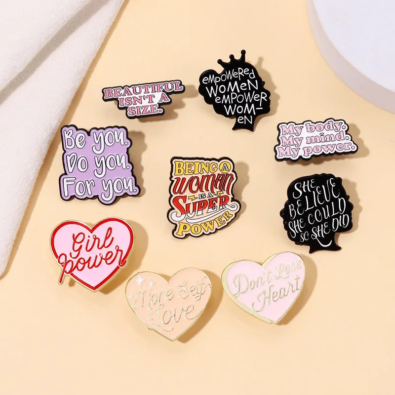 Self Confident Girl Badge Custom Cartoon Lovely love Heart Shape Letter Designer Lapel Pins for Women Suits Pins