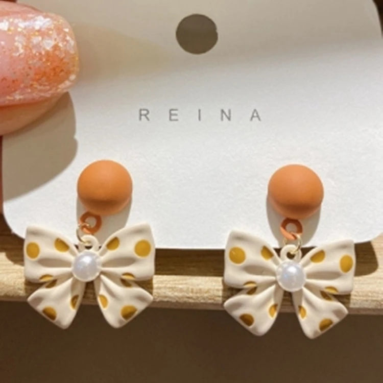 SM-08 Fashion Fancy Ear Jewelry for Girls Women Polka Dots Pearl Bowknot Bow Design Stud Earrings