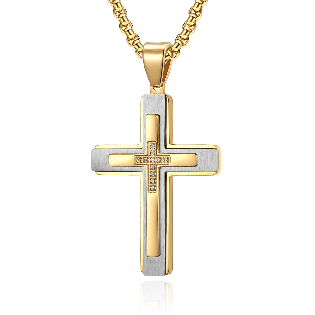 Wholesale Tarnish Free Stainless Steel 18k Gold Plated Zircon Inlay Three Layer Cross Pendant Necklaces Men's Jewelry