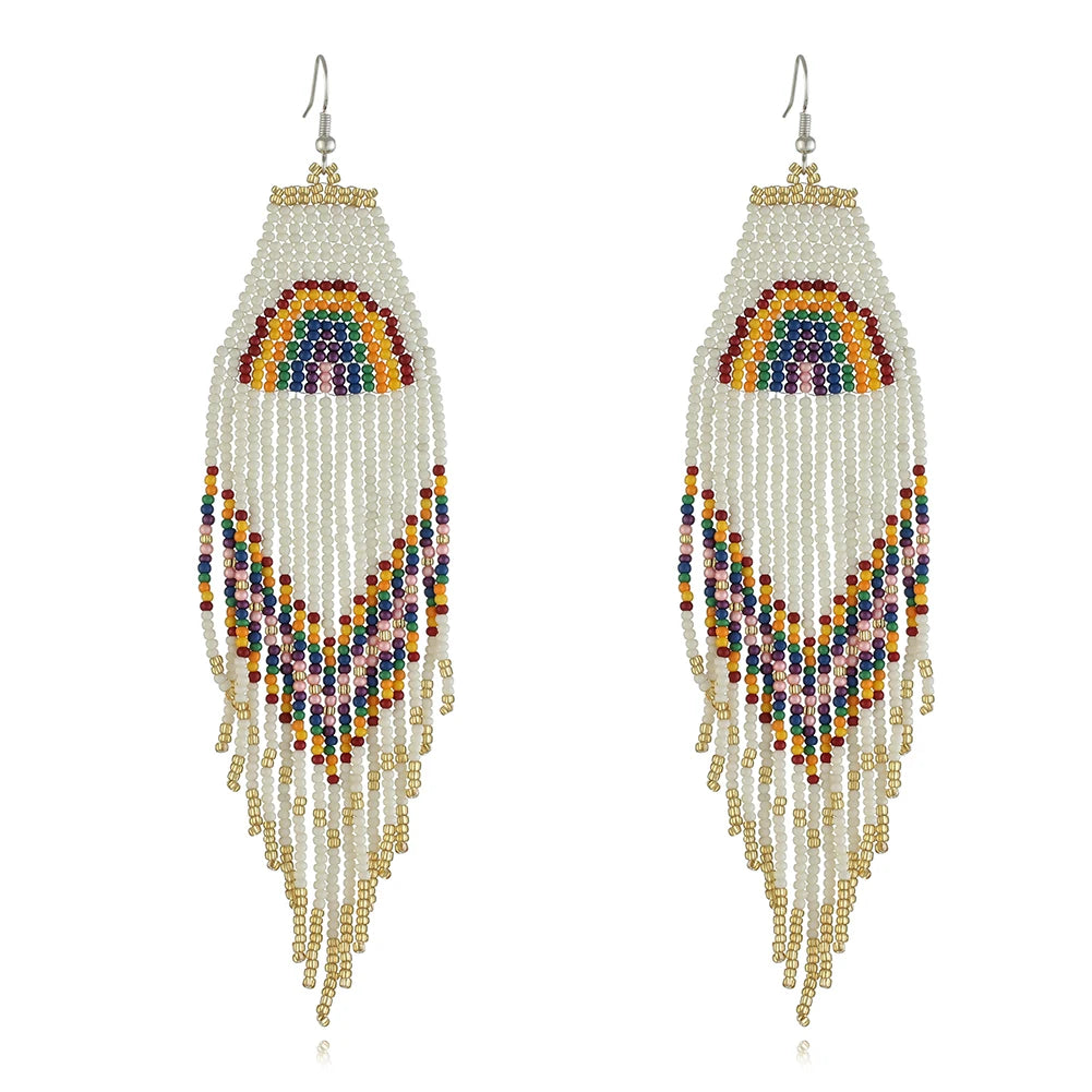 New Arrival Rainbow Chandelier Earrings Silver Drop Earrings With Diamond and Pearl Gold Plated Seed Bead Pendant Design EA1594