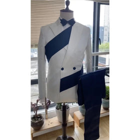 Special Design Men's Suit White Blue 2 Pieces Blazer Pants Double Breasted Peaked Lapel Business Wedding Groom Costume Homme