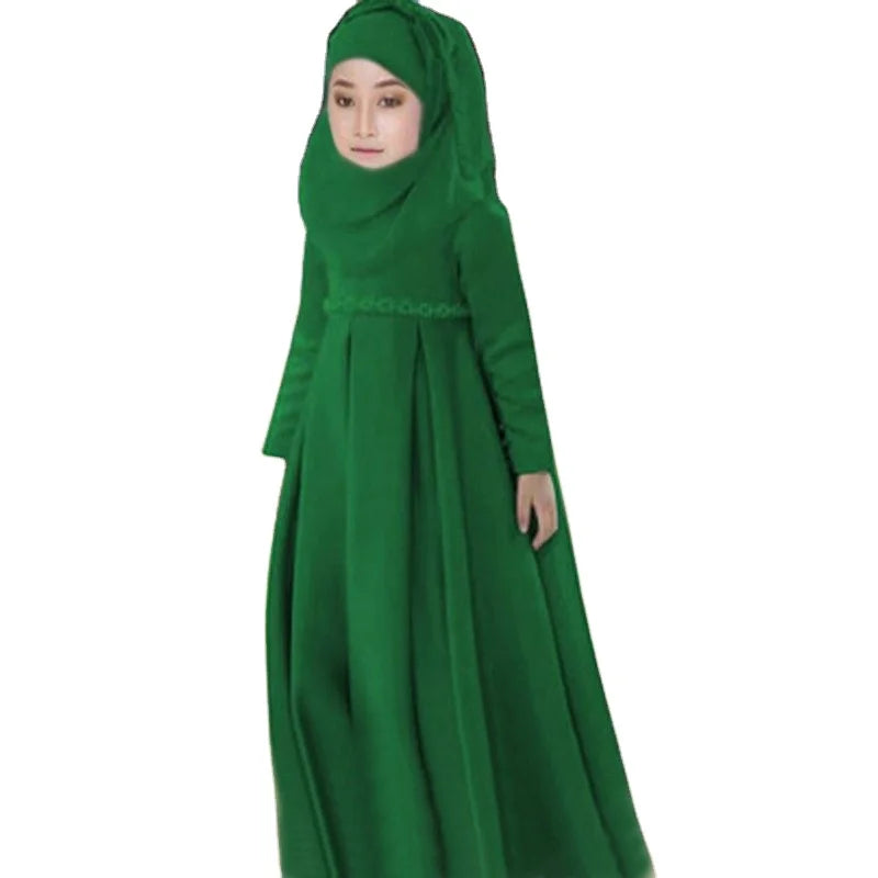 Modest Malaysia Girls Abaya Set With Scarf Islamic Two Pieces Clothes Sets Muslim Kids Hijab Dress for Children C0012