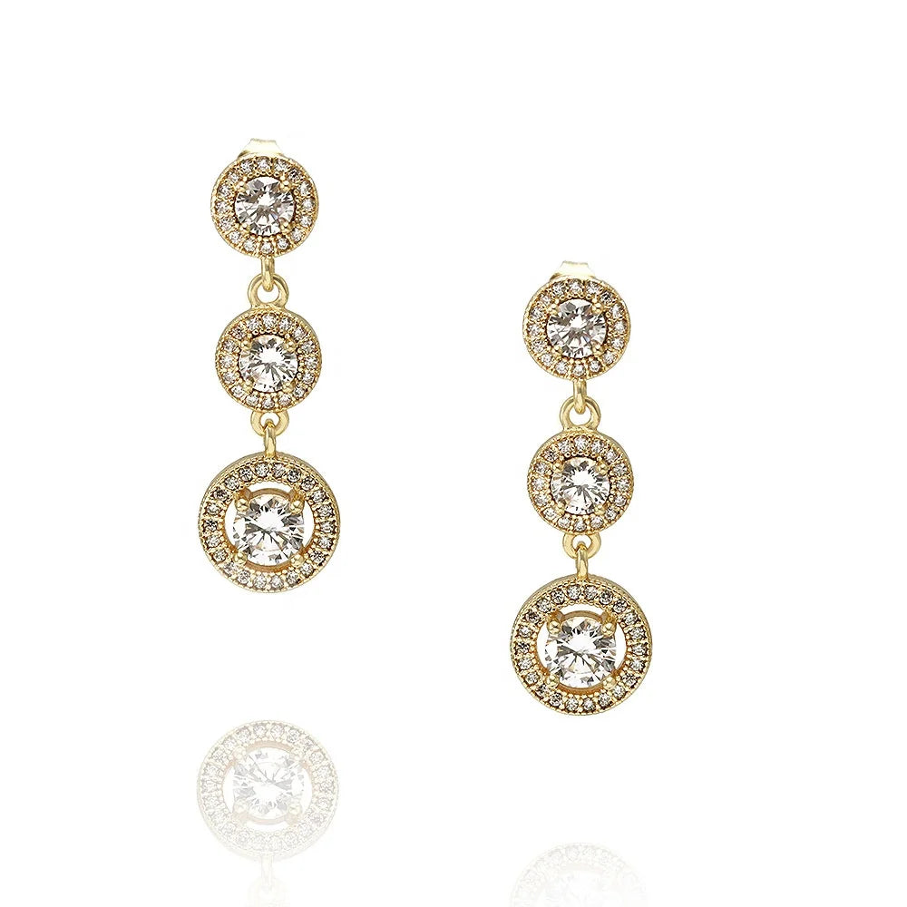 Luxury Vintage Jewelry Earring Three Classic Copper Brass Gold Plated Zircon Claw Setting Drop Stud Earrings
