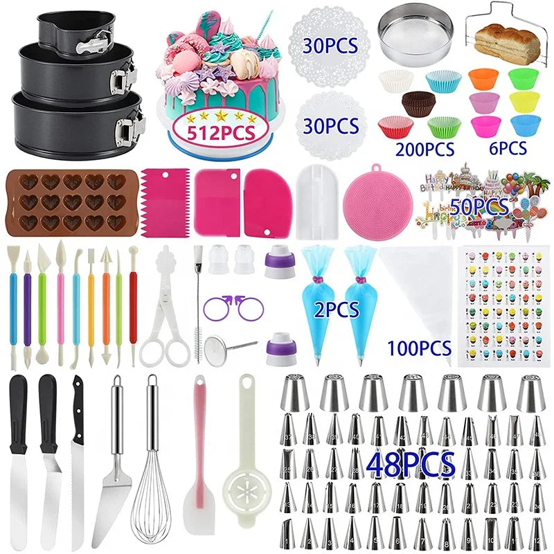 512 Pcs Plastic Cake Decorating Kit with Non-Slip Turntable Essential Tools for Perfect Cakes