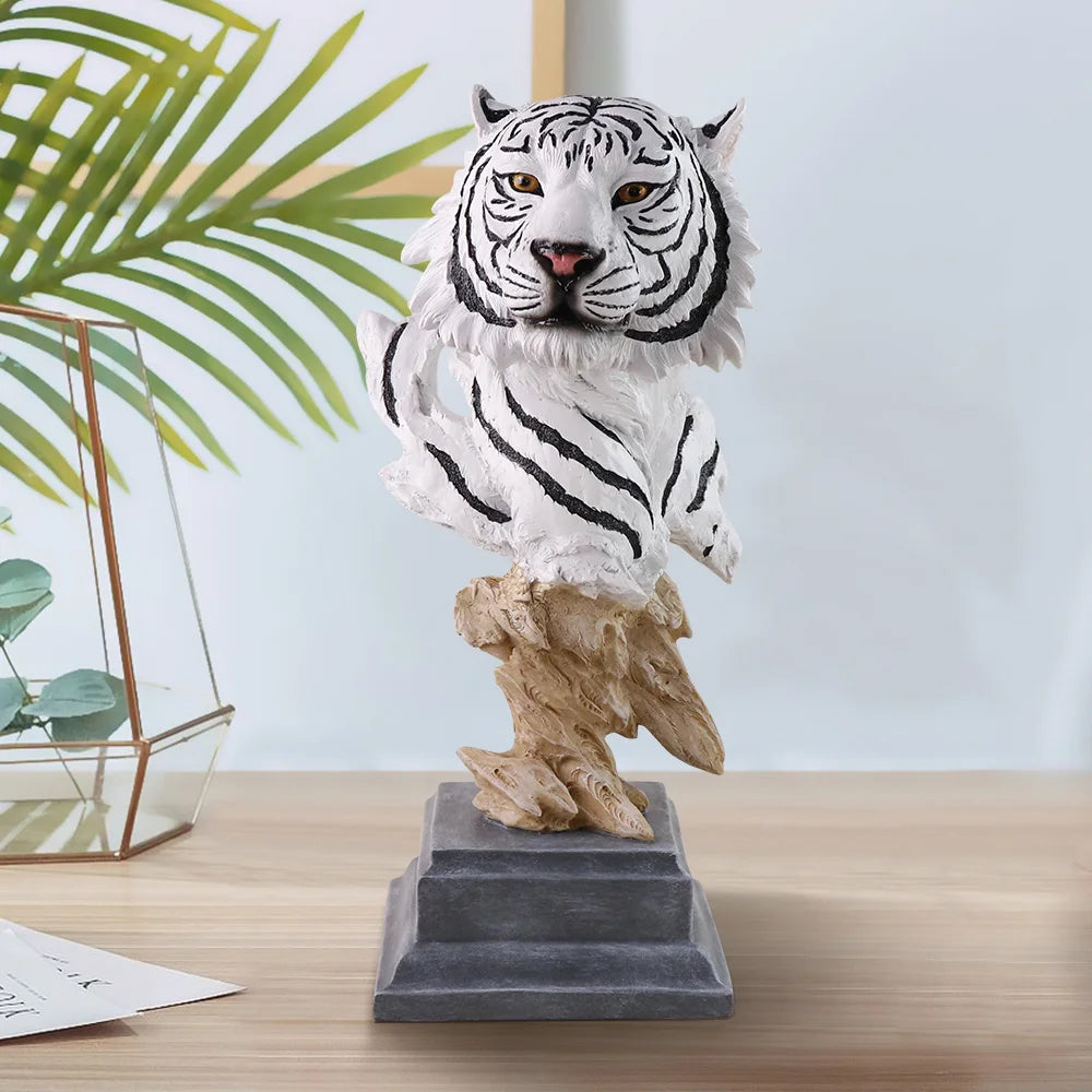 Fierce Tiger Head Resin Sculpture Striking Black Stripes Wood Base Desktop Decor for Home Majestic Animal Statue Collection