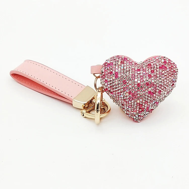 Personalize Handmade Pink PU Leather Luxury Rhinestone Heart Keychain