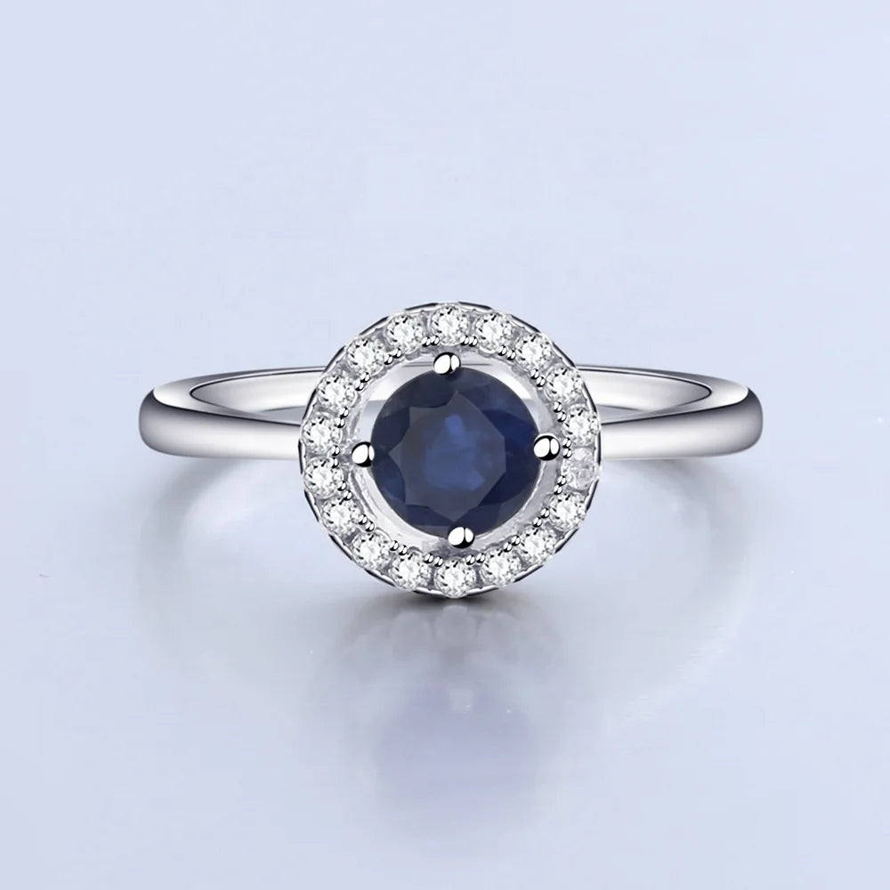 2024 New Design Round Natural Blue Sapphire 925 Sterling Silver Wedding CZ Diamond Wholesale Luxury Jewelry Rings for Women