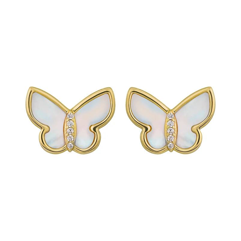 Gemnel Recycled 925 Sterling Silver Gold Plated Mother of Pearl butterfly Set Diamond Earring
