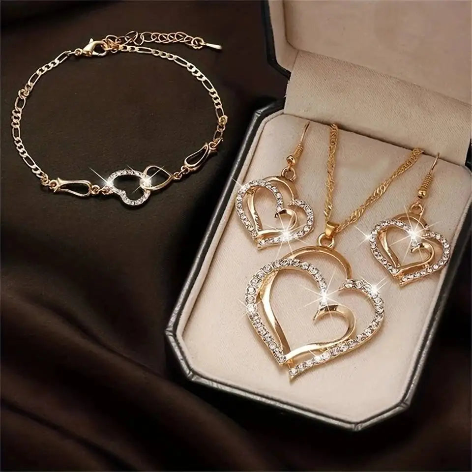 1 Set Vintage Shiny Fashion Jewelry Set Wedding Dinner Wedding Dress Accessories Double Love Peach Heart Shape Earrings Necklace