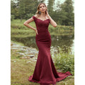 Stretch Crepe Applique Off  Shoulder Lace Prom Sheath Gowns Long Mermaid Brush Train Bridesmaid Dresses