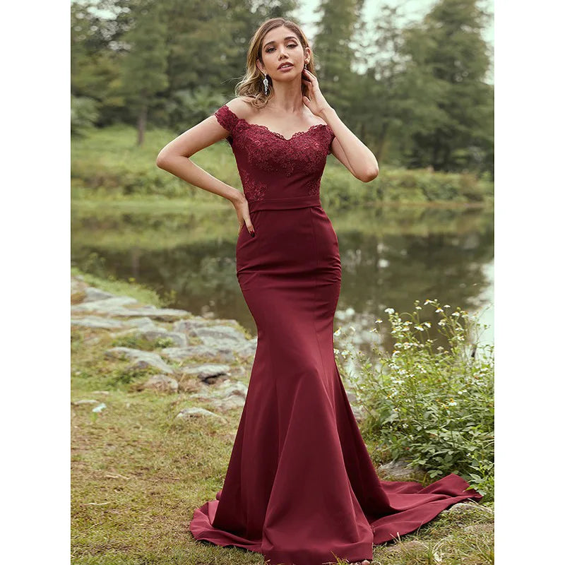 Stretch Crepe Applique Off  Shoulder Lace Prom Sheath Gowns Long Mermaid Brush Train Bridesmaid Dresses