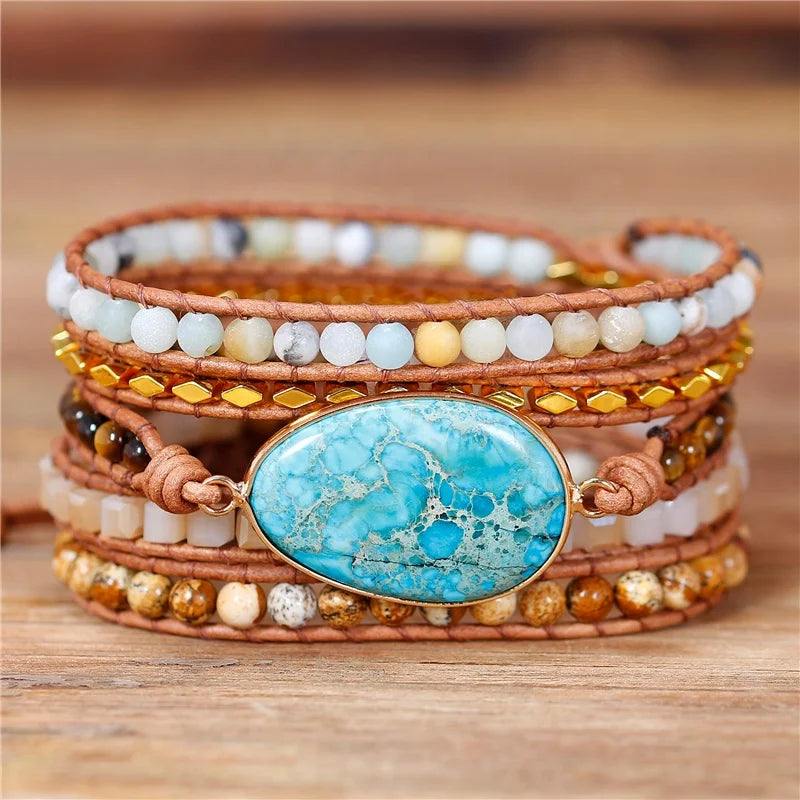 Bohemian Handmade Natural Stone Beaded Leather Wrap Bracelet Boho Vintage Jasper Charm Yoga Gemstones 5 Wraps Bracelet Wholesale