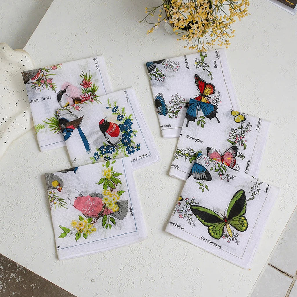 Bulk Wholesale 28*28cm Ladies 3pcs Set Vintage Butterfly Handkerchiefs Custom Floral Printed Soft Cotton Eco-Friendly Gift Tea