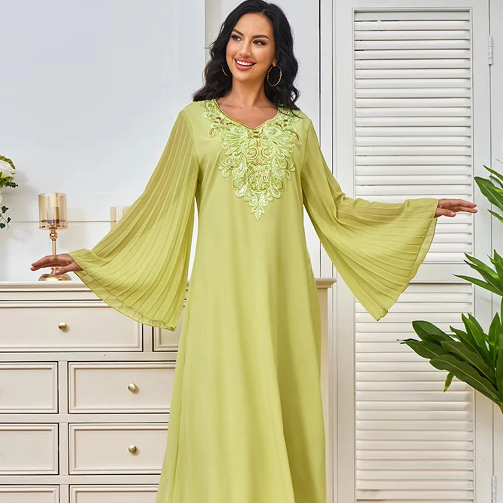 MT340 Women Sequins Elegant Eid Arab Female Dubai Jalabiya Islam Turkey Morocco Party Dress