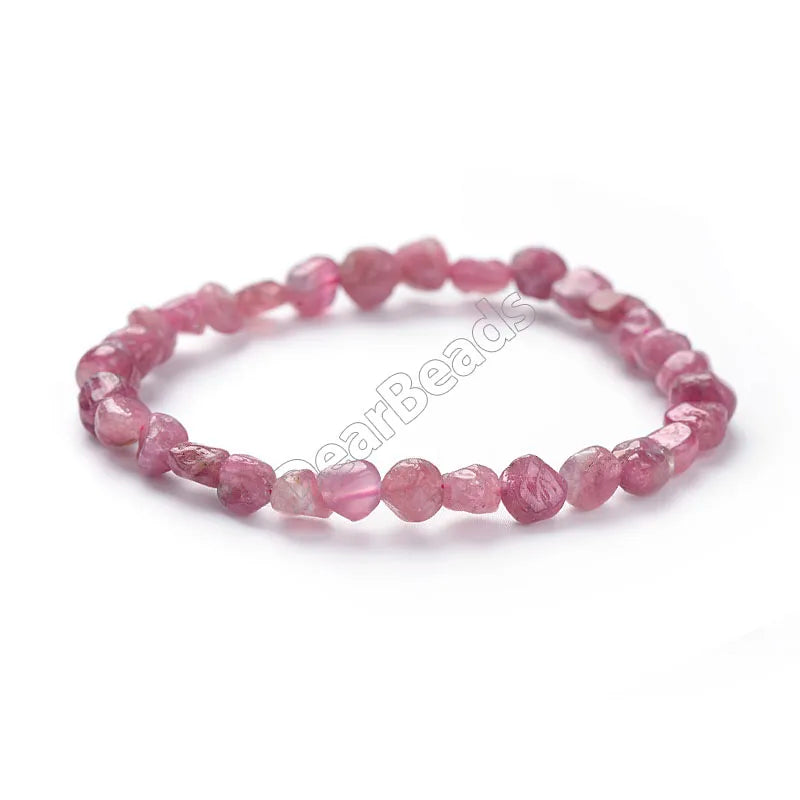 Natural Tumbled Rainbow Pink Tourmaline Beaded Bracelets Healing Crystal Gemstone Nugget Bracelet for Women Mens Girls 5-8mm