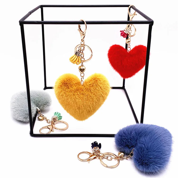 Wholesale 10cm Leopard Fluffy Fur Ball Plush Pom Pom Keychain Car Flower Faux Fur Cartoon Bag Pendant Heart Pompom Keychain