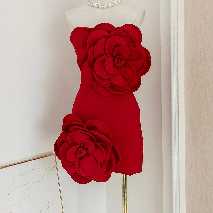 Wholesale  Boutique Women's Clothing Banquet Red Chest Wrapped Flower Wrapped Butt Evening Dress Party Dress