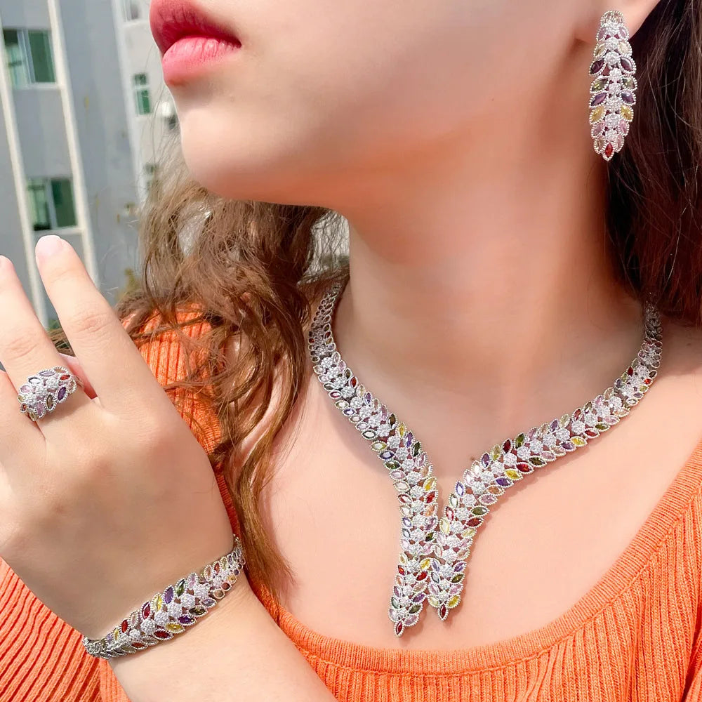 Big Leaf Shaped Silver Multi Color Cubic Zirconia Wedding Engagement Bridal Costume Jewelry Set Accessories for Nigeria Brides