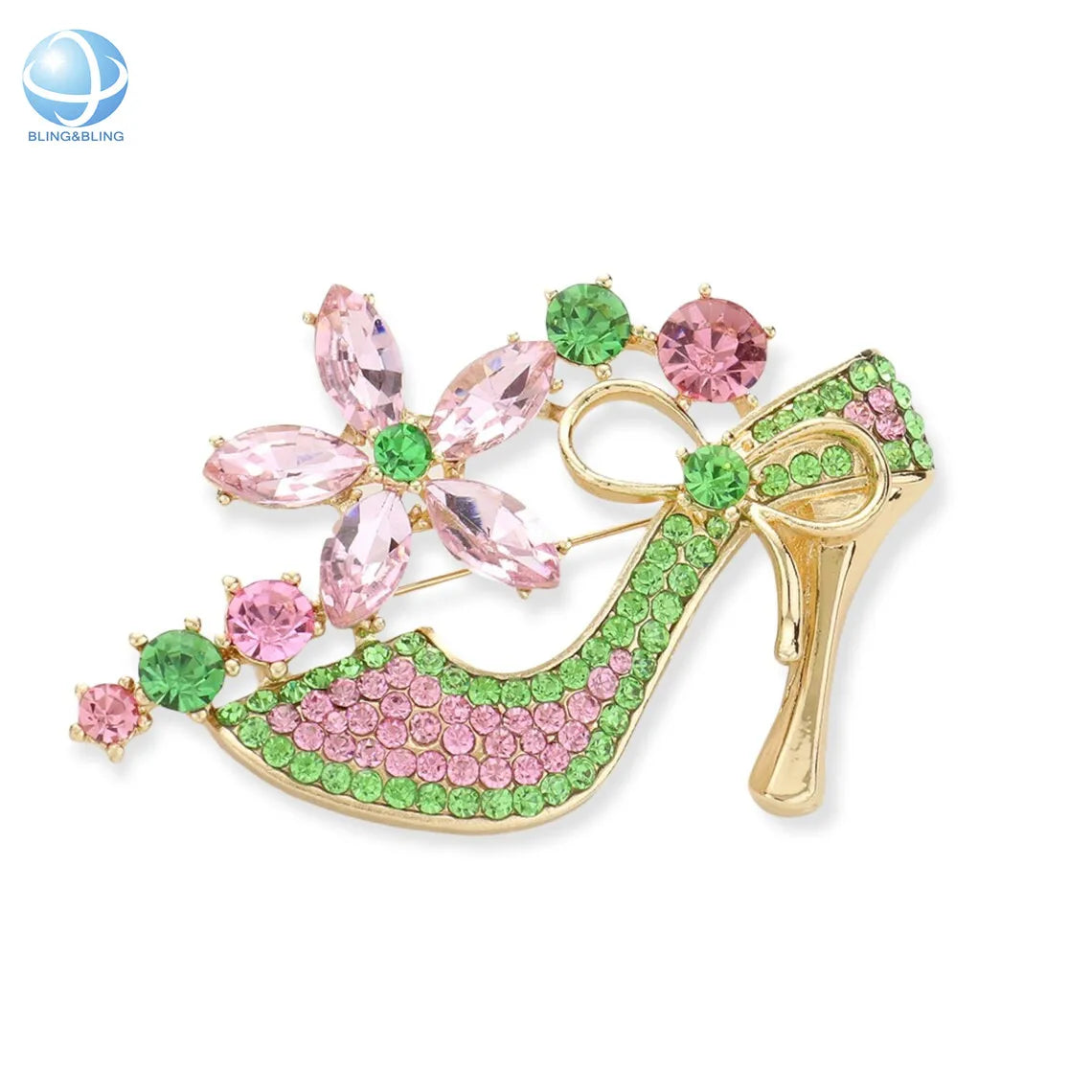Custom Silver Plated Sorority Manufacture Crystal Shoe Brooches Green and Pink Sorority Symbol Lapel Pin
