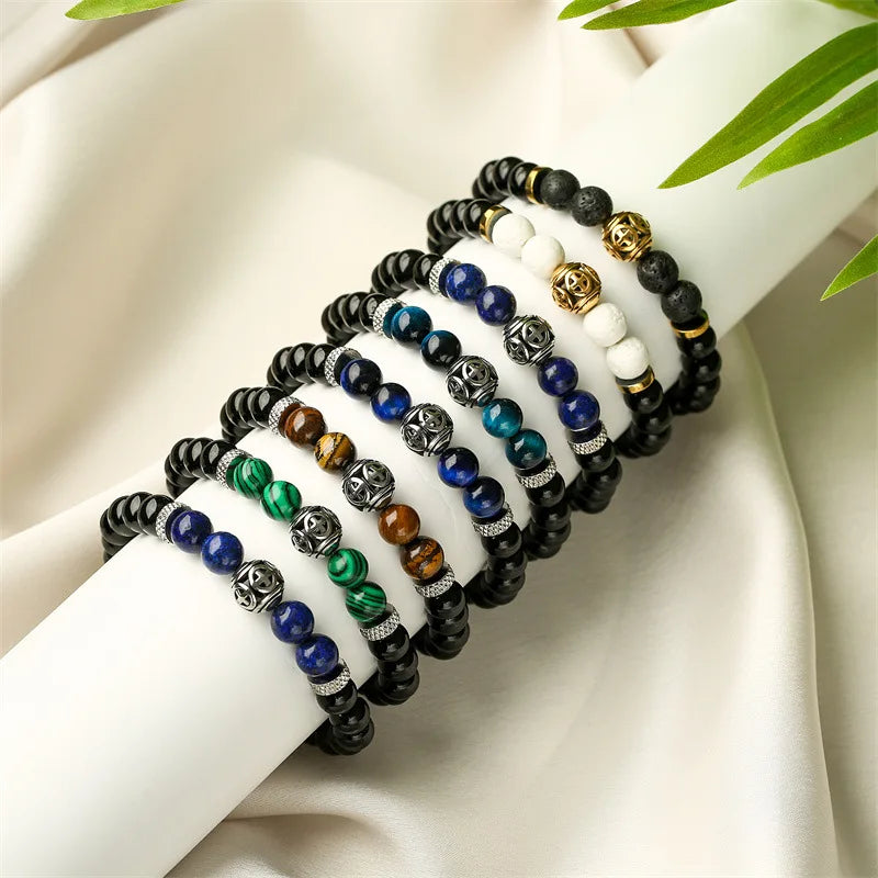 High Quality Natural Stone Matte Eye Tiger Cross Stainless Steel Beads Elastic Bracelet CB00001