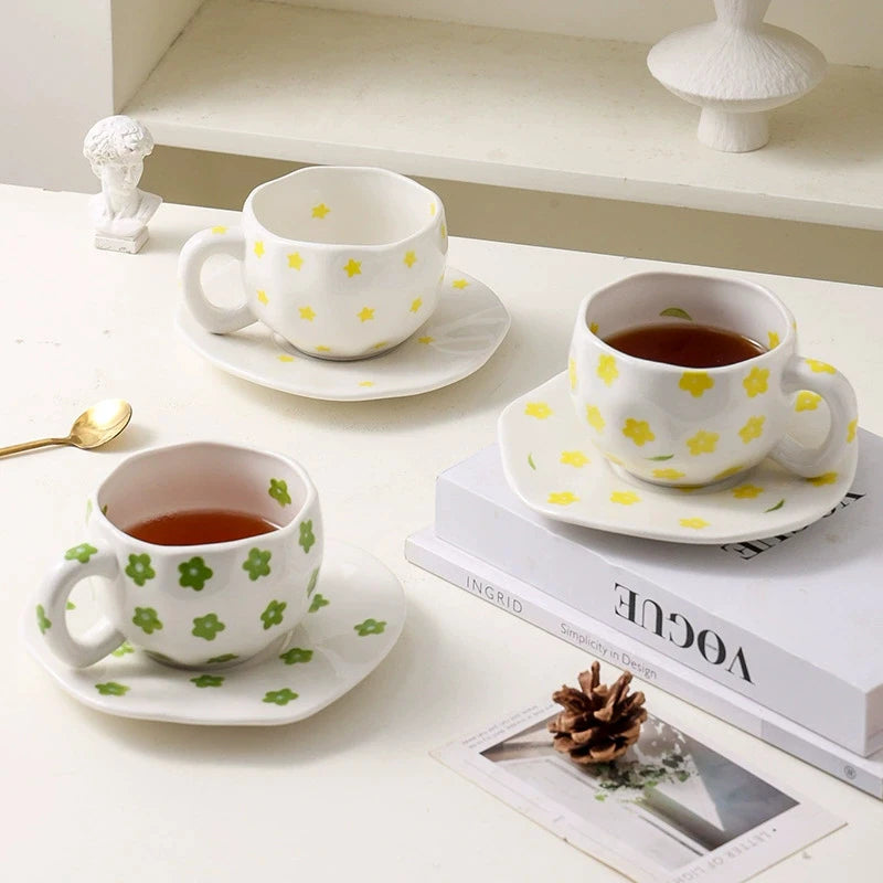 300ml Hand-Painted Under-glazed Flower Pattern Ceramic Cup Custom Food-safe Lead-free Coffee Mug With Wide Handle Design