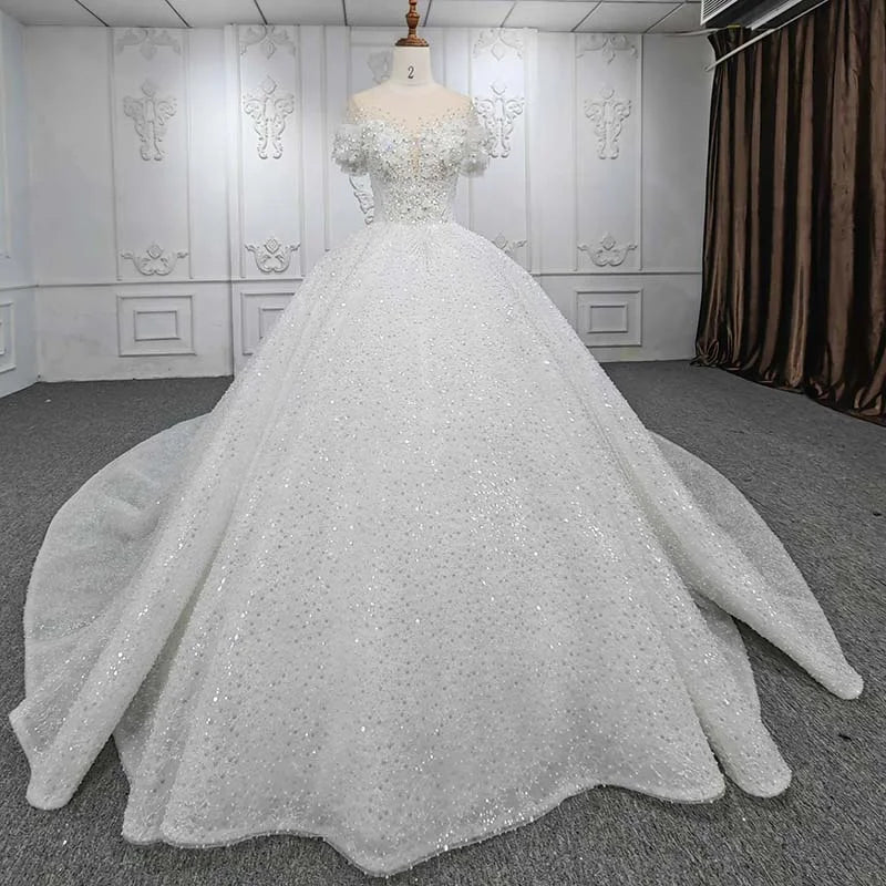 Jancember DY9981 Off Shoulder Chapel Train Elegant Flower Sequined Wedding Dress