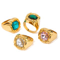 Vintage Shining Colorful Zirconia Chunky Flower Finger Rings Elegant 18K Gold Plated Stainless Steel Waterproof Women Jewelry