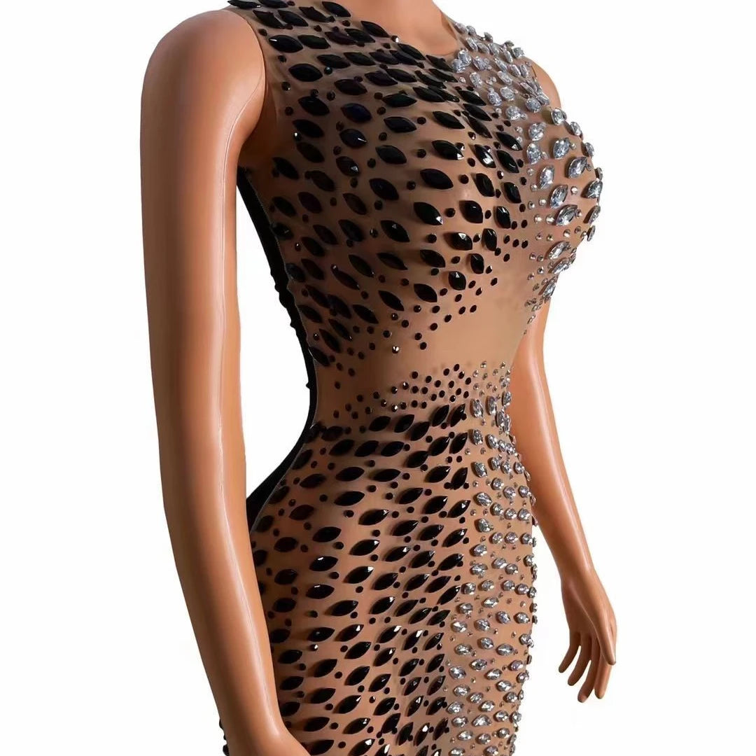 2022 Stage Performance Dress Sexy Singer See Through Double Colour Stone Crystal Sparkly Evening Dress Club Party Wear