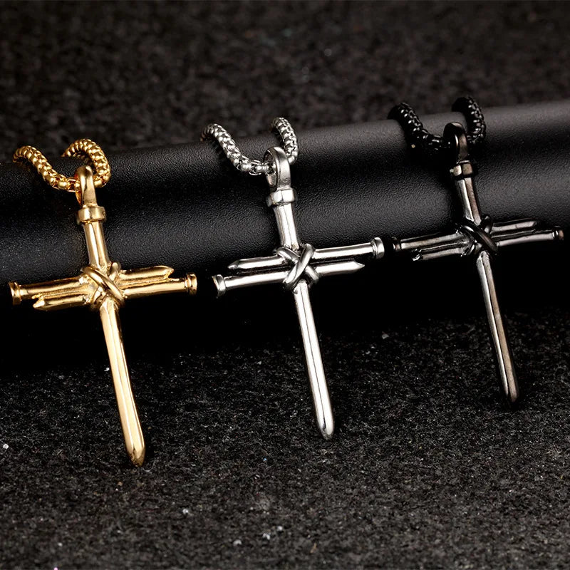 HelloWorld Men Jewelry Stainless Steel Nail Rope Cross Pendant Necklace