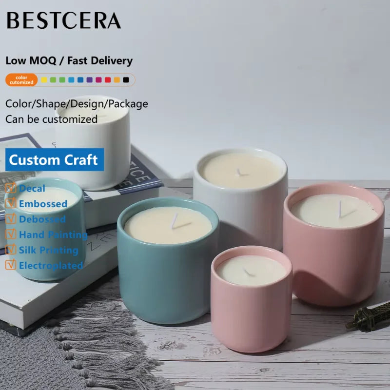 BESTCERA Factory Directly Macaron Candle Holder Colourful Ceramic Candle Vessel 5oz 10oz Empty Ceramic Candle Jars with Lids