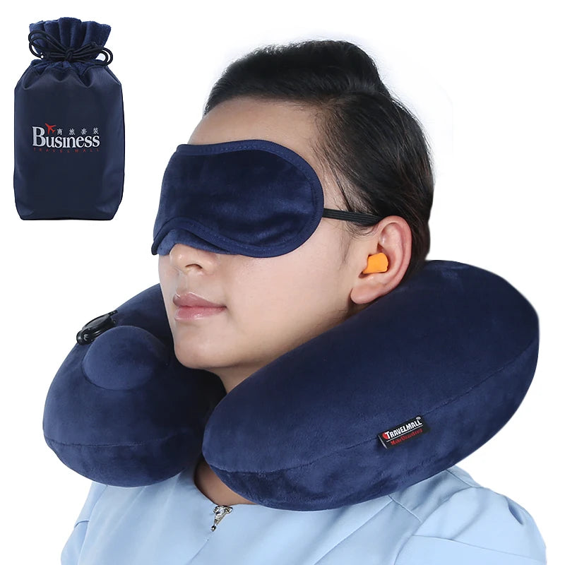 Portable Disassemblable Travel Pillow U-Shape Inflatable Neck Pillow Eye Mask Earplugs Washable Polyester for Airplane Travel