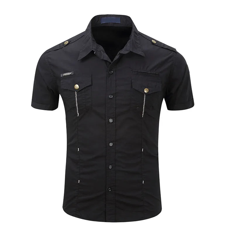 RNSHANGER Summer Mens Shirts Casual Cotton Solid Color Casual Male Short Sleeve Cargo Shirts Wiht Pocket Work Shirt