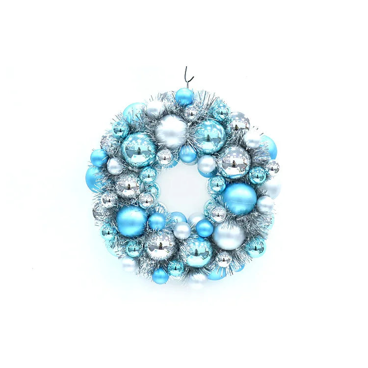 Glossy Shiny Ball Xmas Wreath Blue Silver Theme Tinsel Garland Door Hanging Christmas Decor