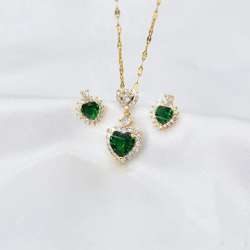 Fine Necklace Earrings Brazilian Titanium Steel Clavicle Choker Chain Heart Green Zircon Jewelry Set 18K Gold Plated