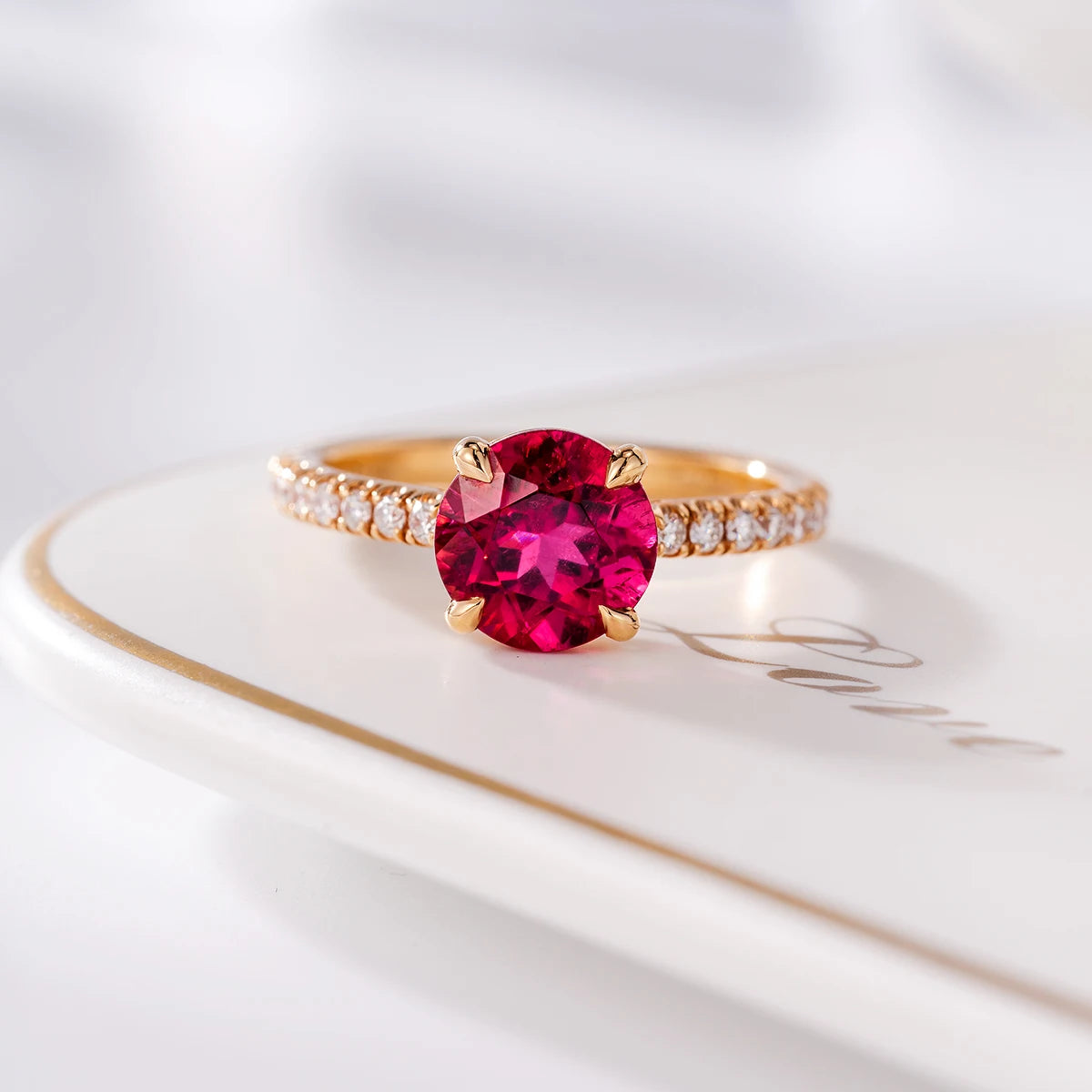 Hot Sale Natural Tourmaline White Diamond Real 18k Gold Jewelry Ring