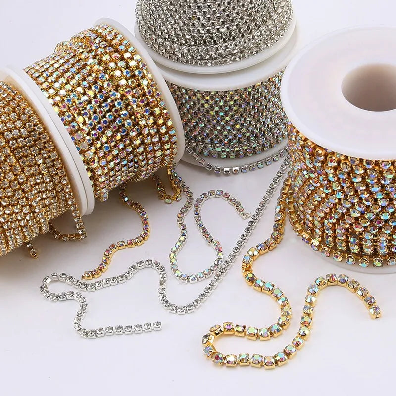 JC Crystal AB Rhinestone Cup Chain by Yard Rhinestone Silver Gold Color SS6 SS8 SS12 Sparkling Rhinestone Claw Chain for Garment