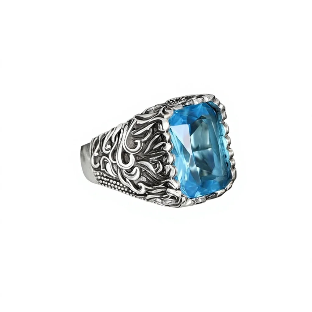 Azuris Custom Logo 925 Sterling Silver Ottoman Style Men's Ring Naturel Black Stone Handmade in Turkey Model VALKH1561