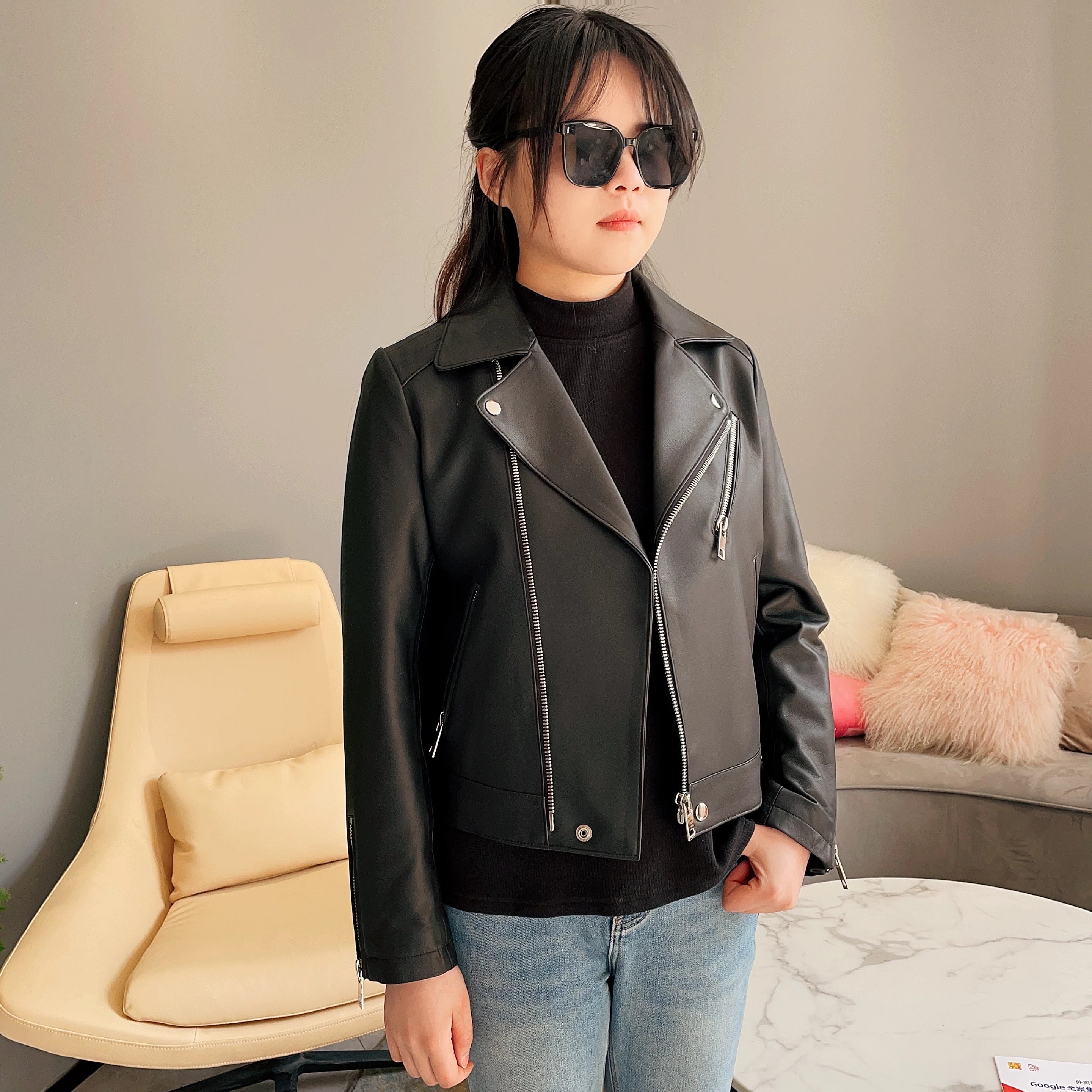 Custom Logo Leather Jacket Causal Real Sheepskin Leather Motorcycle Jacket Women Zipper Biker Coat