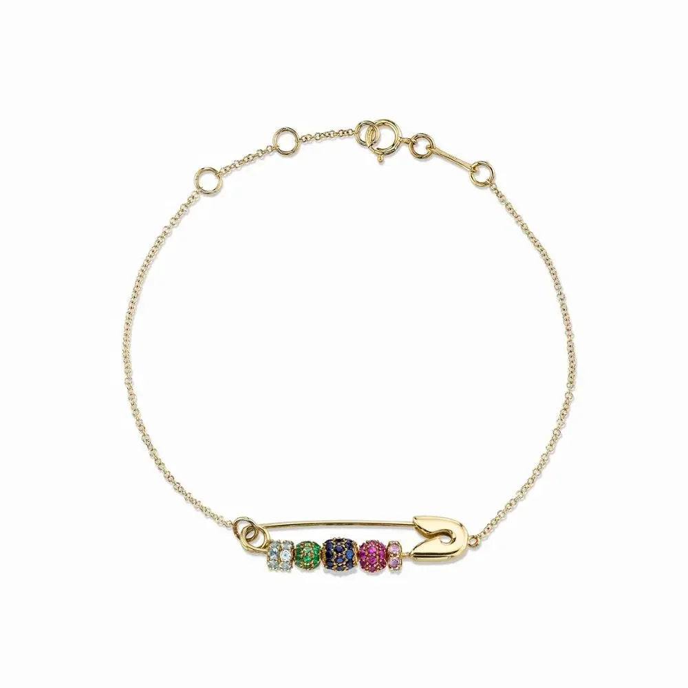 LOZRUNVE Solid 925 Sterling Silver Rainbow Beaded Ball Safety Pin Charm Gold Bracelet for Women