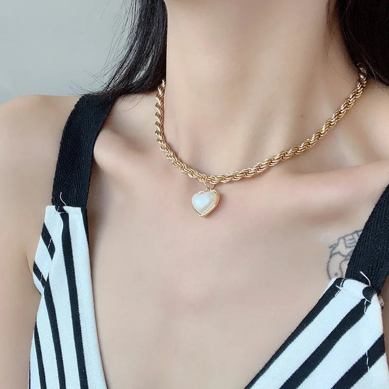 HOVANCI Women Fashion Heart Shaped Necklace Choker Gold Plated Chunky Chain Pearl Heart Necklace