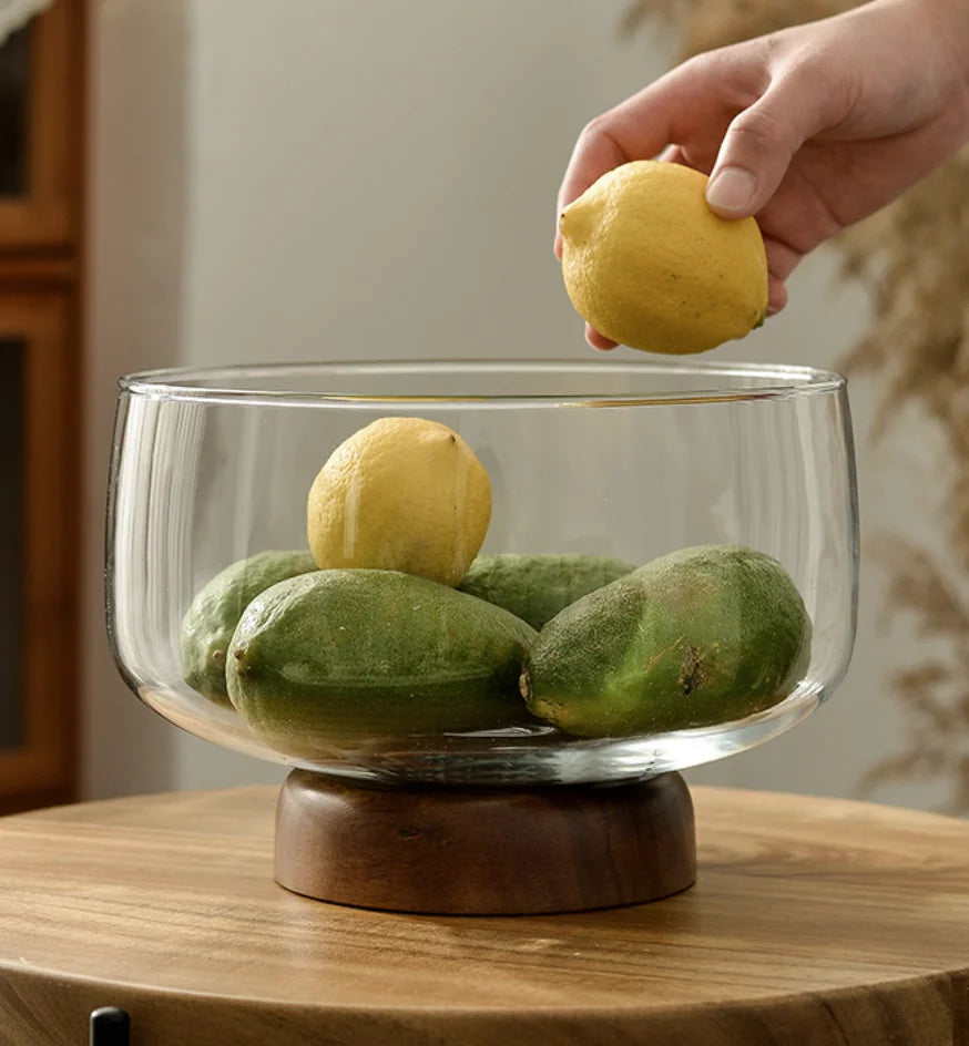 Modern Simple Acacia Wood and Glass Tall Fruit Bowl Fashionable Household Snack Candy Dry Fruit Plate for Tea Table Decoration
