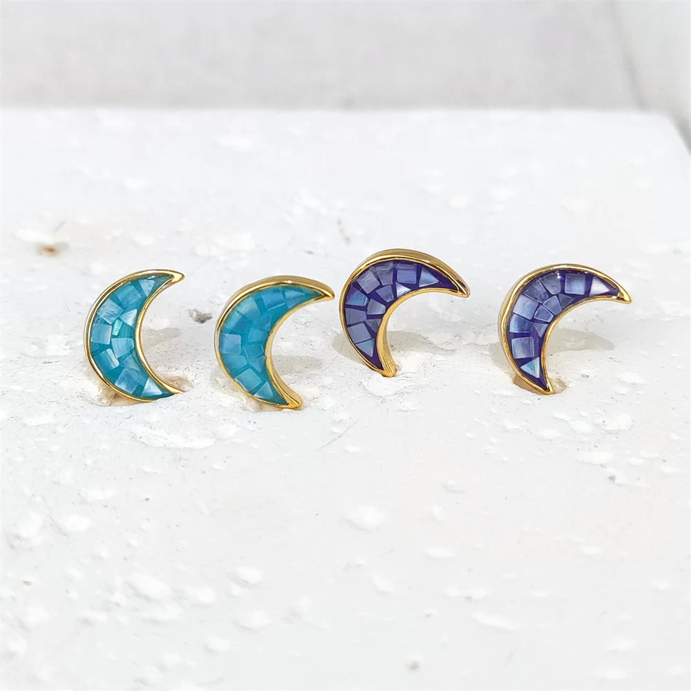 Gold Plated Handmade Mother of Pearl Studs Crescent Moon Natural Seashell Earrings Gemstone Enamel 925 Sterling Silver Jewelry