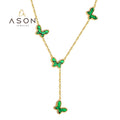 Ason Fashion 18K Gold Plated Charm Women Necklace Jewelry Stainless Steel Chain Butterfly Green Stripes Shell Pendant Necklace