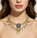 Multi Beaded Statement Necklace Ethnic Retro Alloy Blue Acrylic Rhinestone Beads Flower Women Choker Necklace