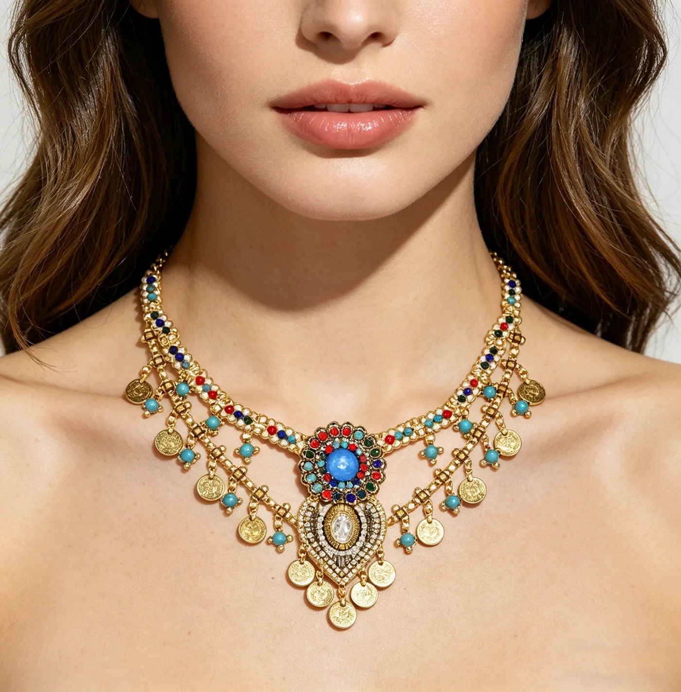 Multi Beaded Statement Necklace Ethnic Retro Alloy Blue Acrylic Rhinestone Beads Flower Women Choker Necklace