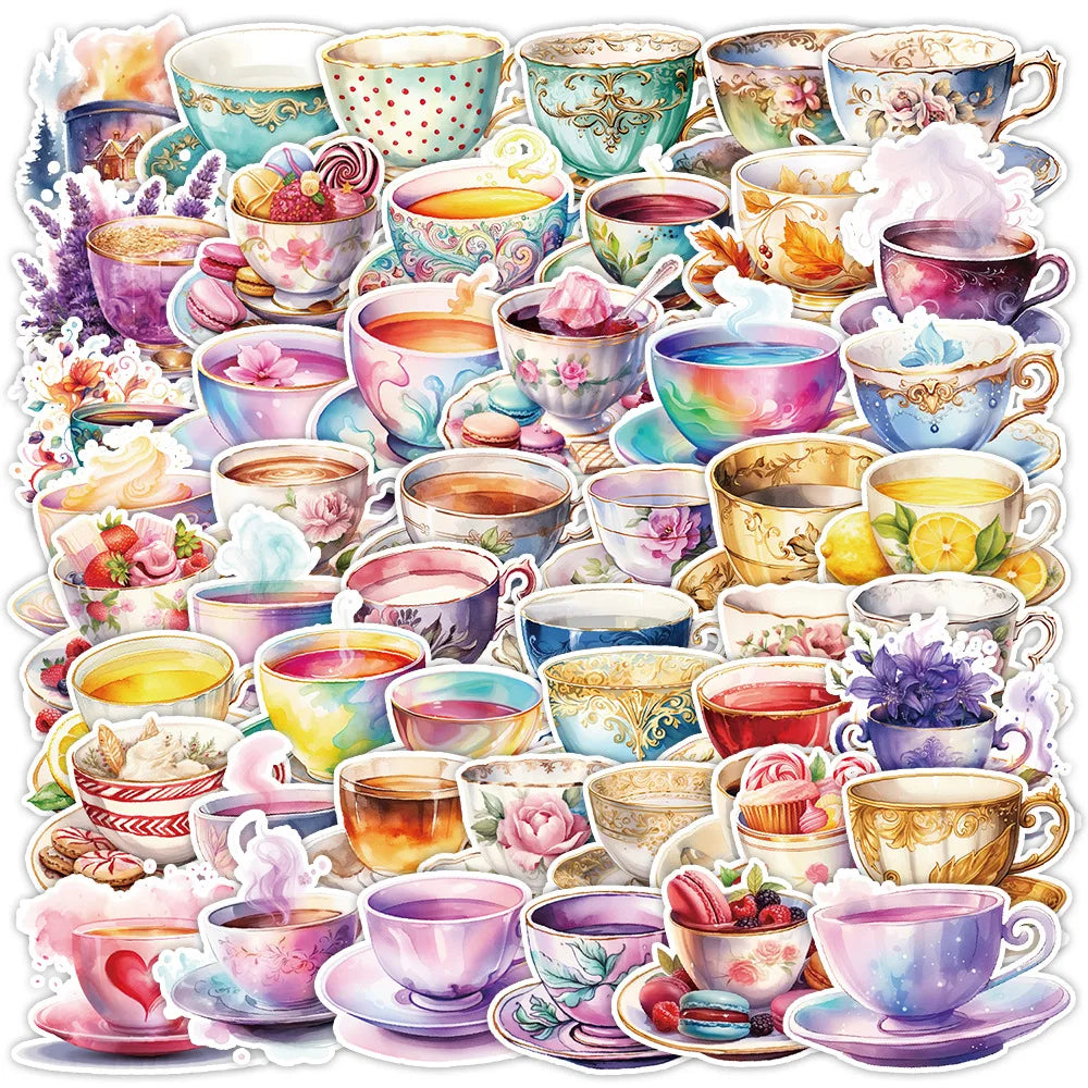 54pcs Watercolor Tea Cup PVC Waterproof Stickers for Refrigerator Guitar Laptop Water Bottle Helmet Skateboard and Books